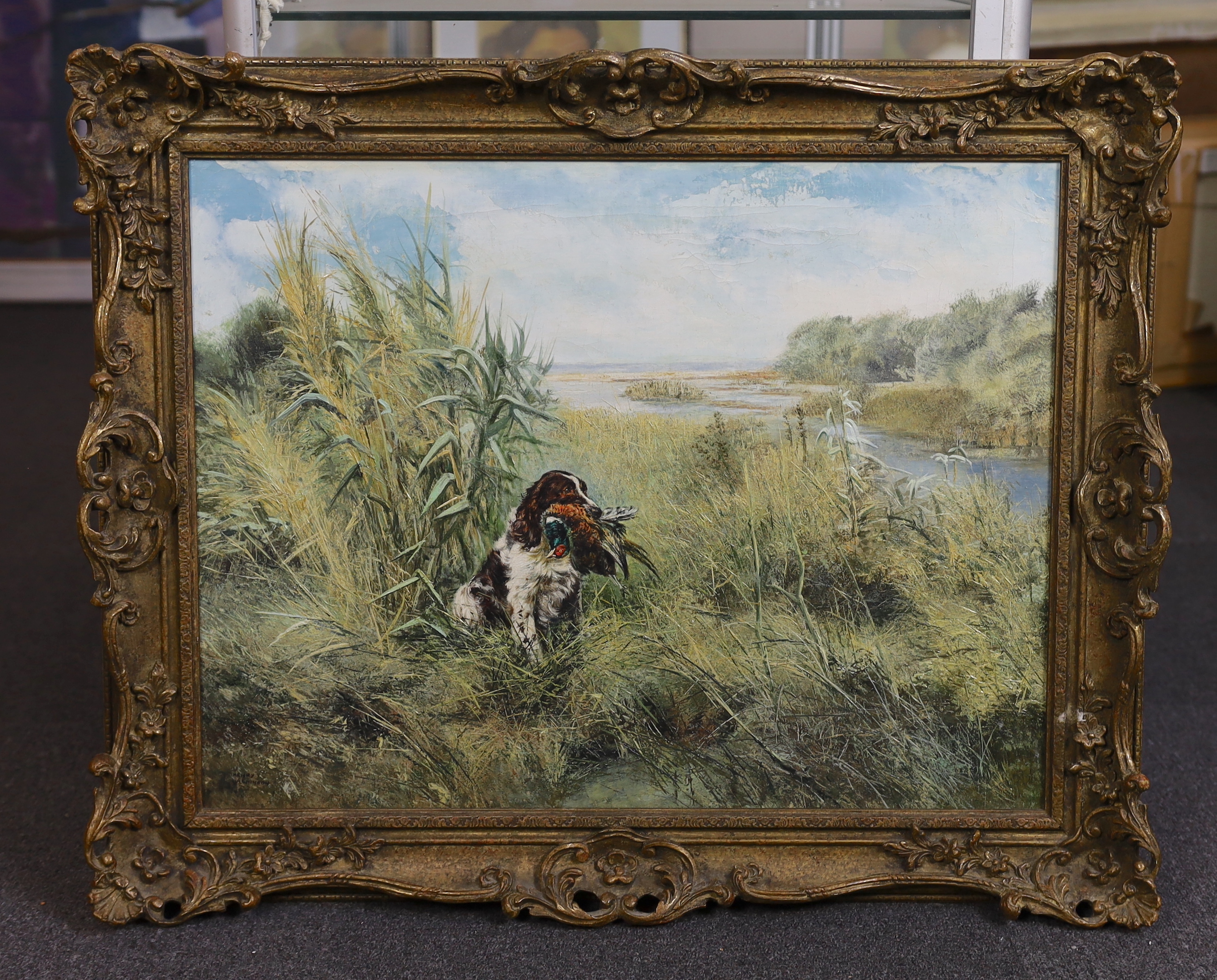 Henry Wilkinson (English, 1921-2011), 'Springer retrieving', oil on canvas, 50 x 64cm